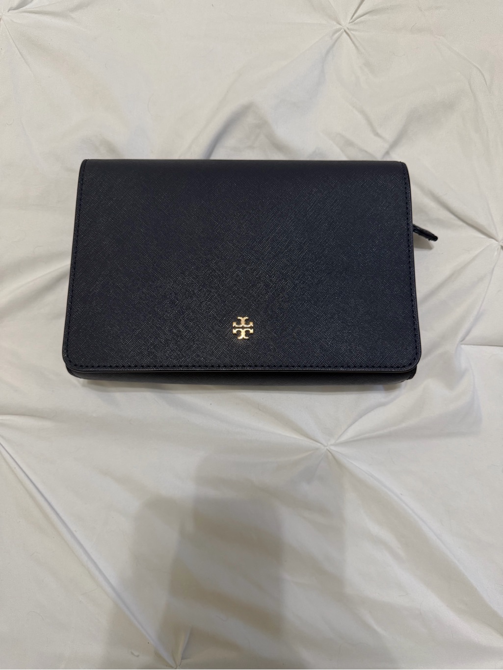 Tory Burch Navy Saffiano Leather Zip Wallet With Gold Logo